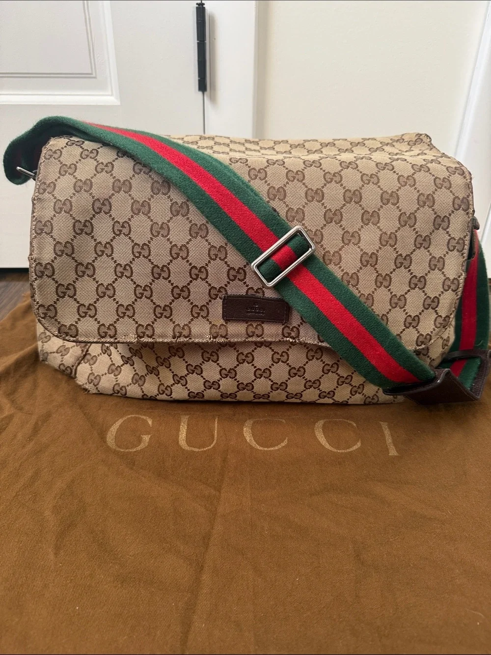 Gucci Brown GG Canvas Diaper Bag with Green and Red Signature Strap